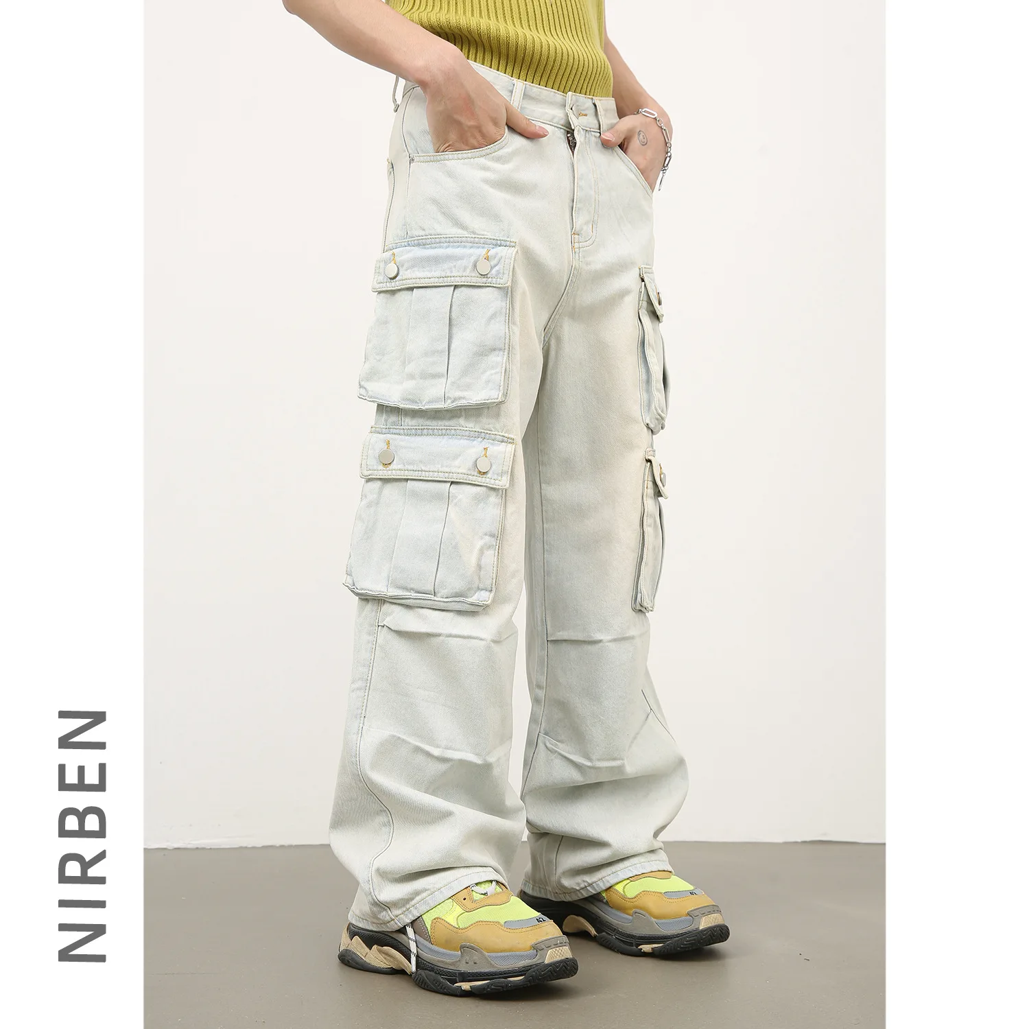Denim American Multi-pocket Jeans Men's Retro Loose Straight Overalls Wide-leg Casual Trousers