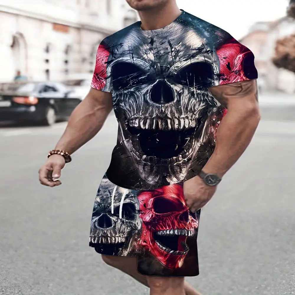 Retro new 3D horror skull print men's sports short-sleeved T-shirt + sports shorts summer casual jogging pants set two-piece set