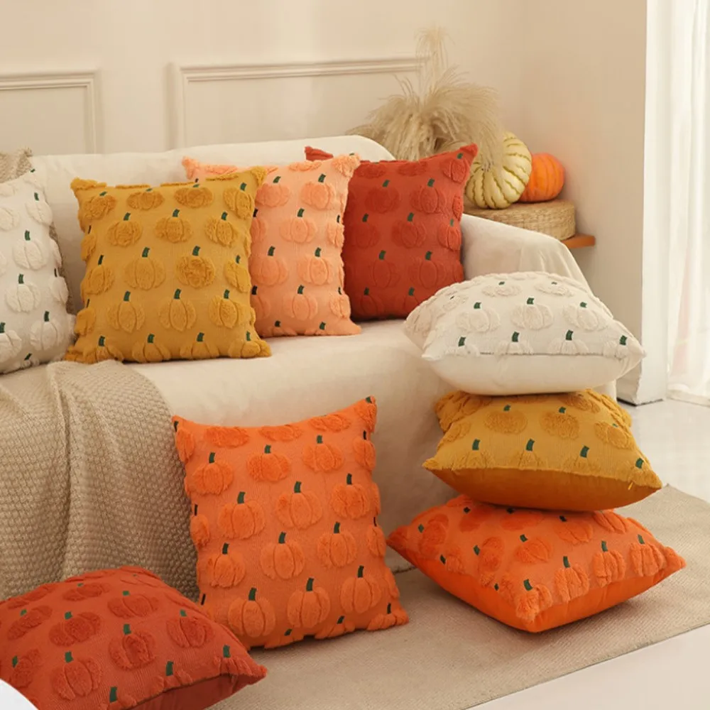 Pumpkin Fall Decorative Throw Pillow Covers Rust Red Soft Faux Fur Pillow Covers for Autumn Harvest Fluffy Plush Pillow Cover