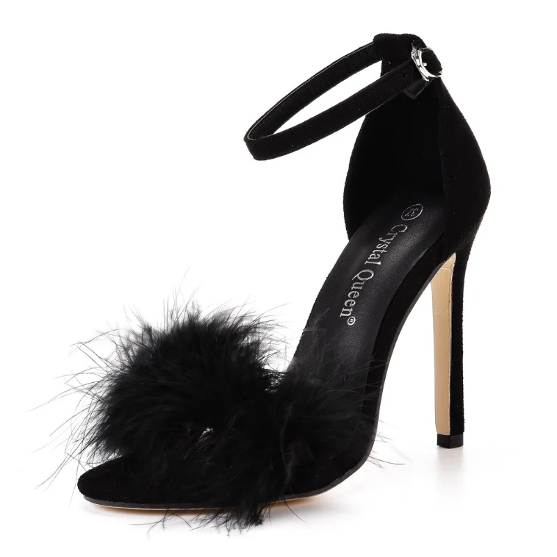 Sexy Feather High Heel Sandals Women\'s European  American Large 46 Fish Mouth High Heel Sandals Women Shallow Mouth Women\'s Shoe