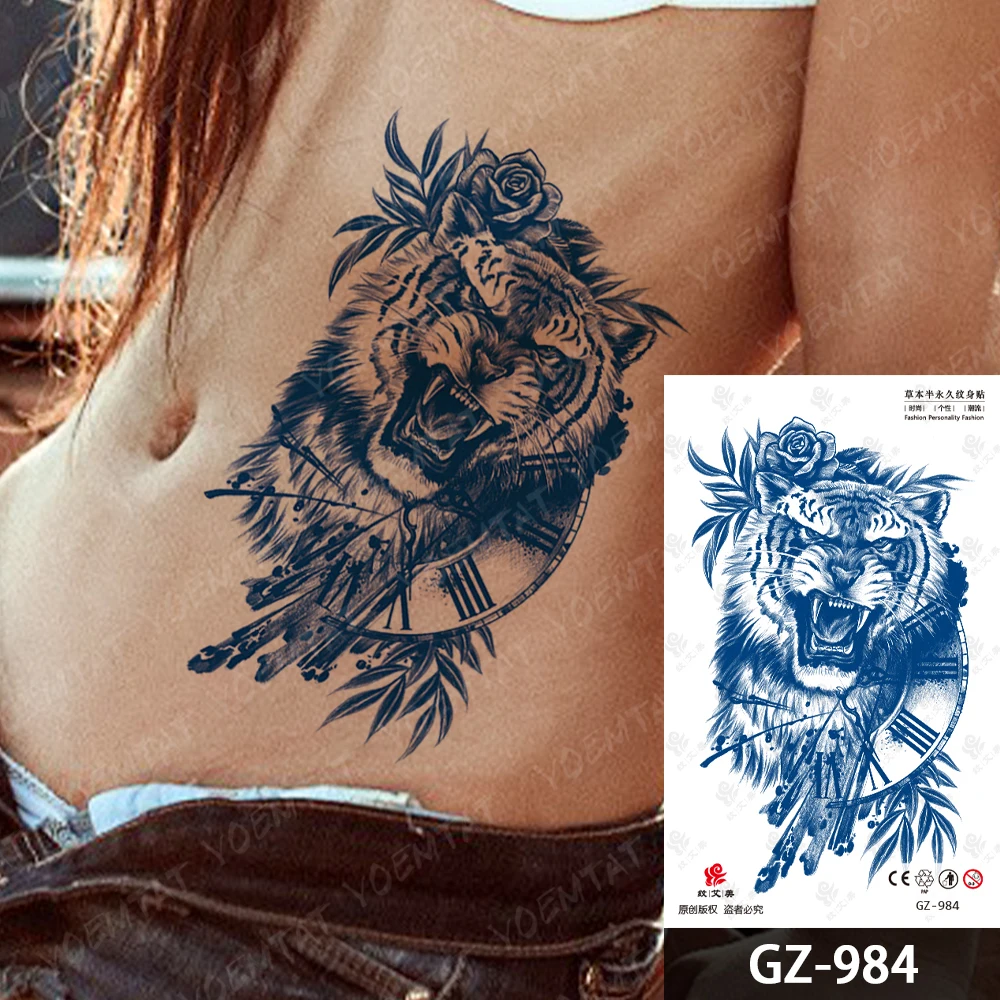 Juice Ink Lasting Waterproof Temporary Tattoo Sticker Bamboo Forest Tiger Clock Rose Genipin Herbal Body Art Fake Tato Men Women