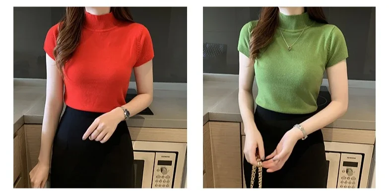 Halbhohes T-Shirt für Damen, modischer Pullover, lässige Oberteile, koreanischer Stil, elegante einfarbige Kleidung, Frühlings- und Sommersaison – Detail 4