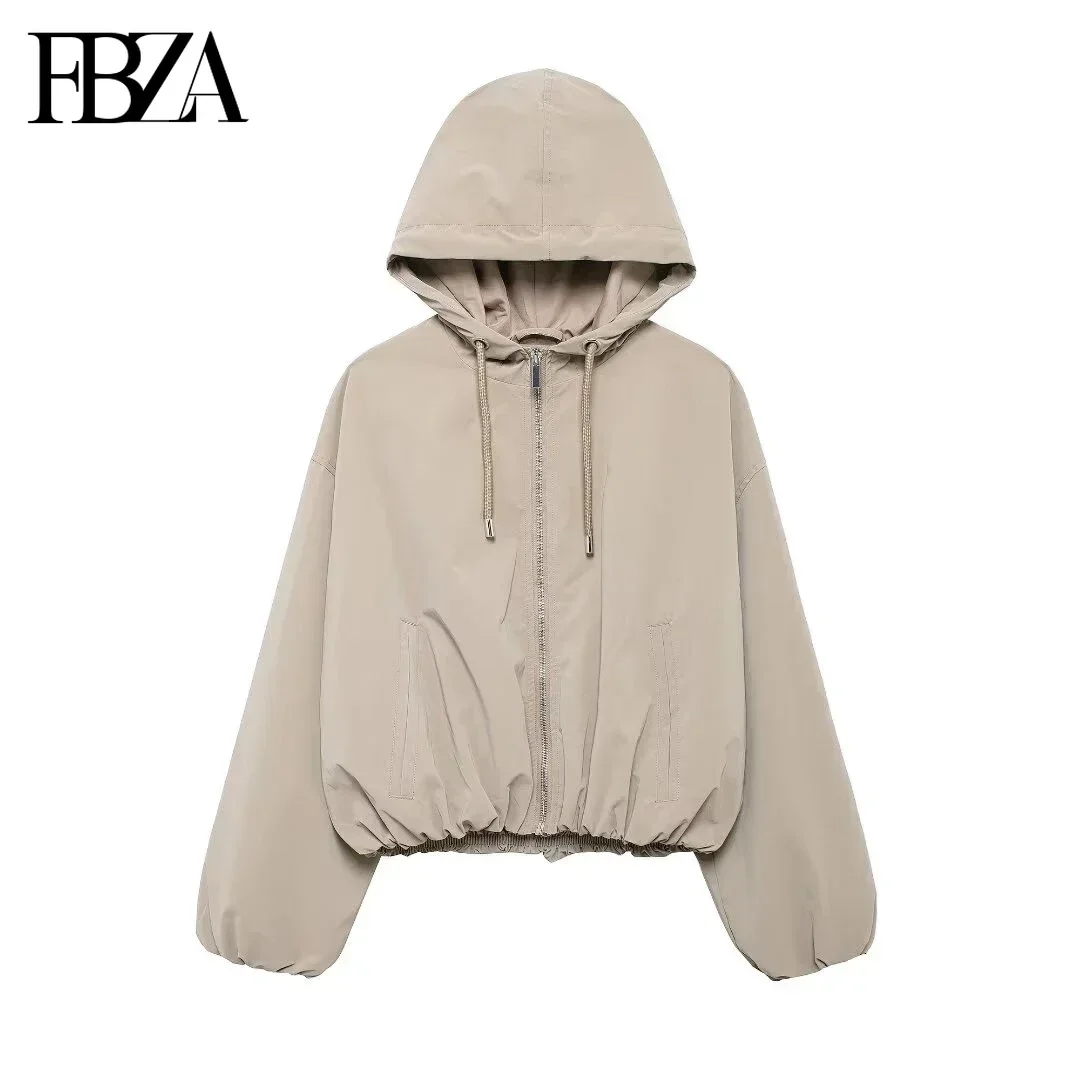 TRAF Women Fashion Spring Autumn New Solid Color Jacket Long Sleeved Zip Draw Rope Hooded Short Coats Chic Ladies Tops Mujer