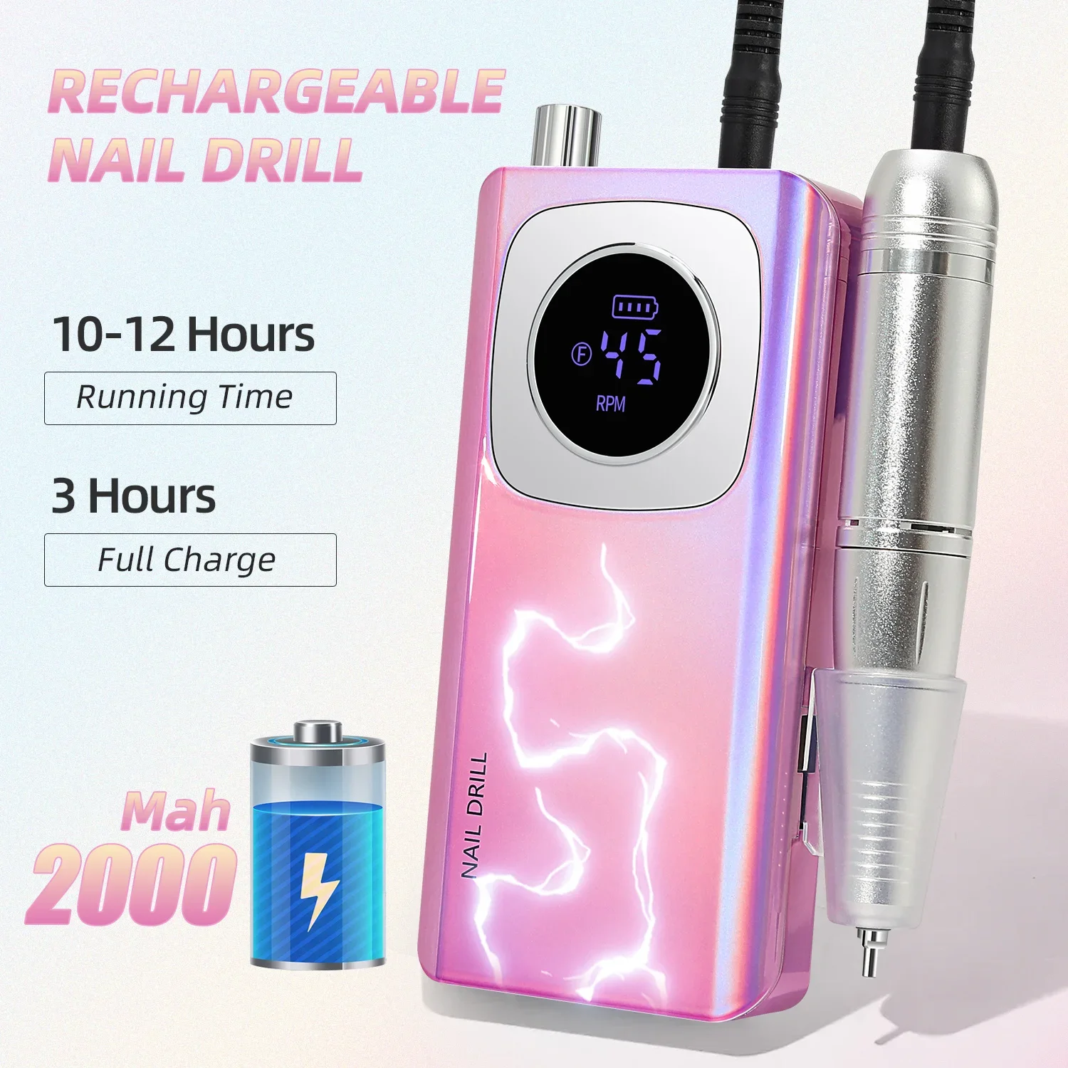 45000RPM Nail Drill Machine Electric Portable Nail File Rechargeable Nail Sander For Gel Nails Polishing For Home Manicure Salon