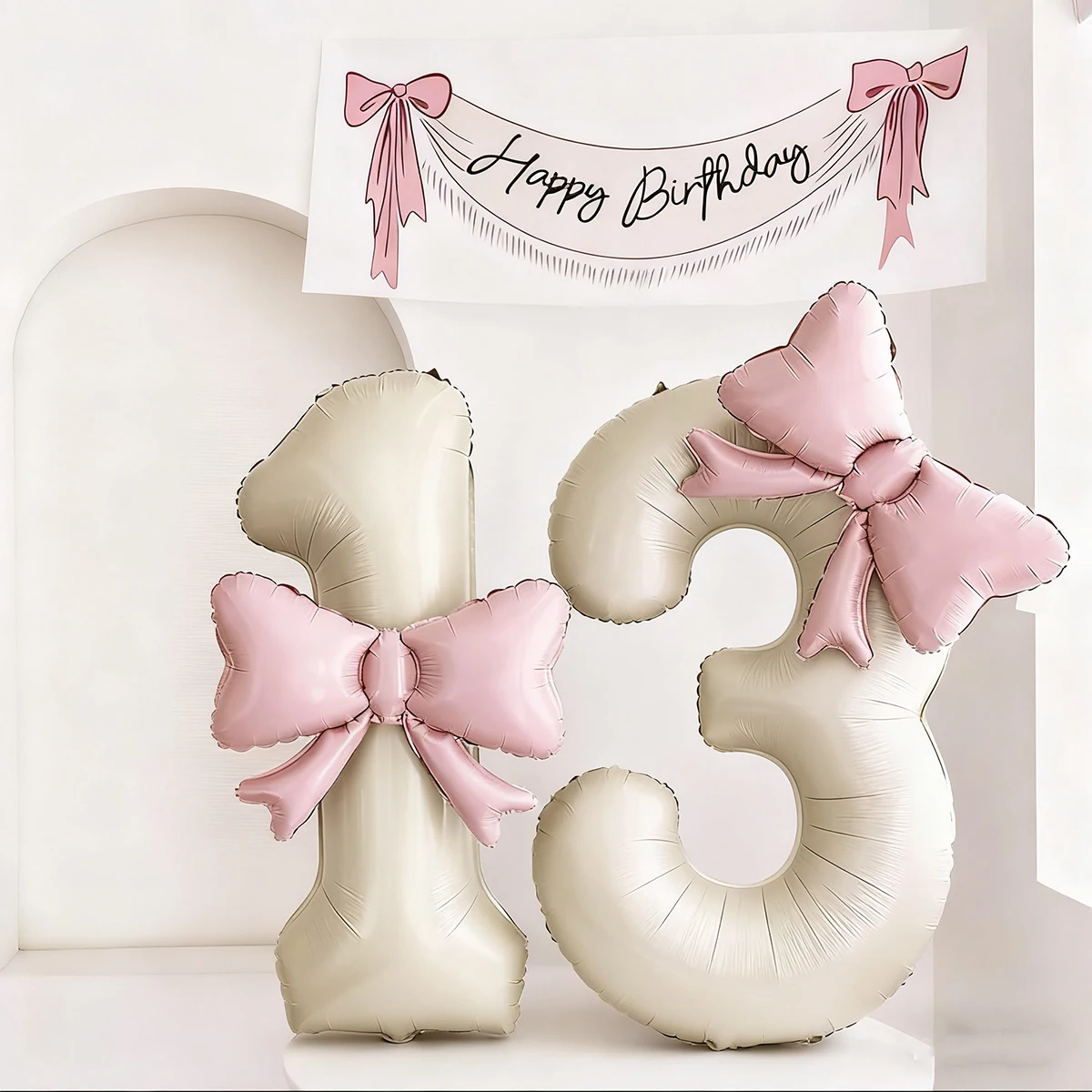 ‌40inch Brown-White Number 8 Foil Balloon with Light Pink Bow - Birthday/Anniversary Party Decor - 6