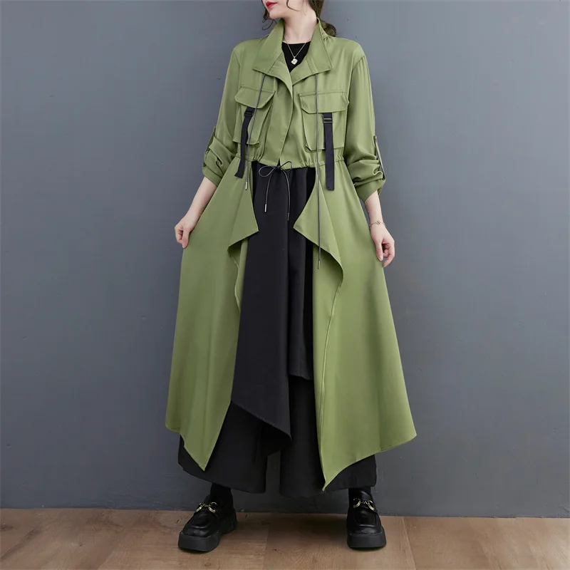 

Women'S Leather Trench Coat Medium-Length Waist-Fitted Ladies' Tie-In Outdoor Double-Breasted Spring Summer Hi-Fashion Layer