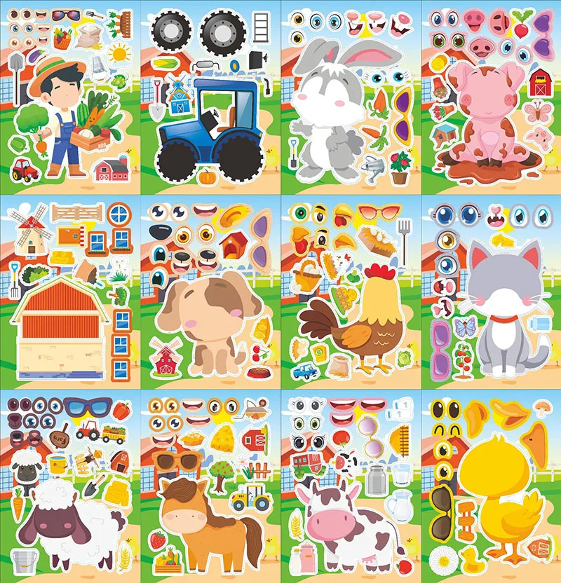 Cute Farm Animal Stickers DIY Make A Face Stickers Sheets for Kids Toddlers Boys Girls Party Favors Supplies Activities Crafts