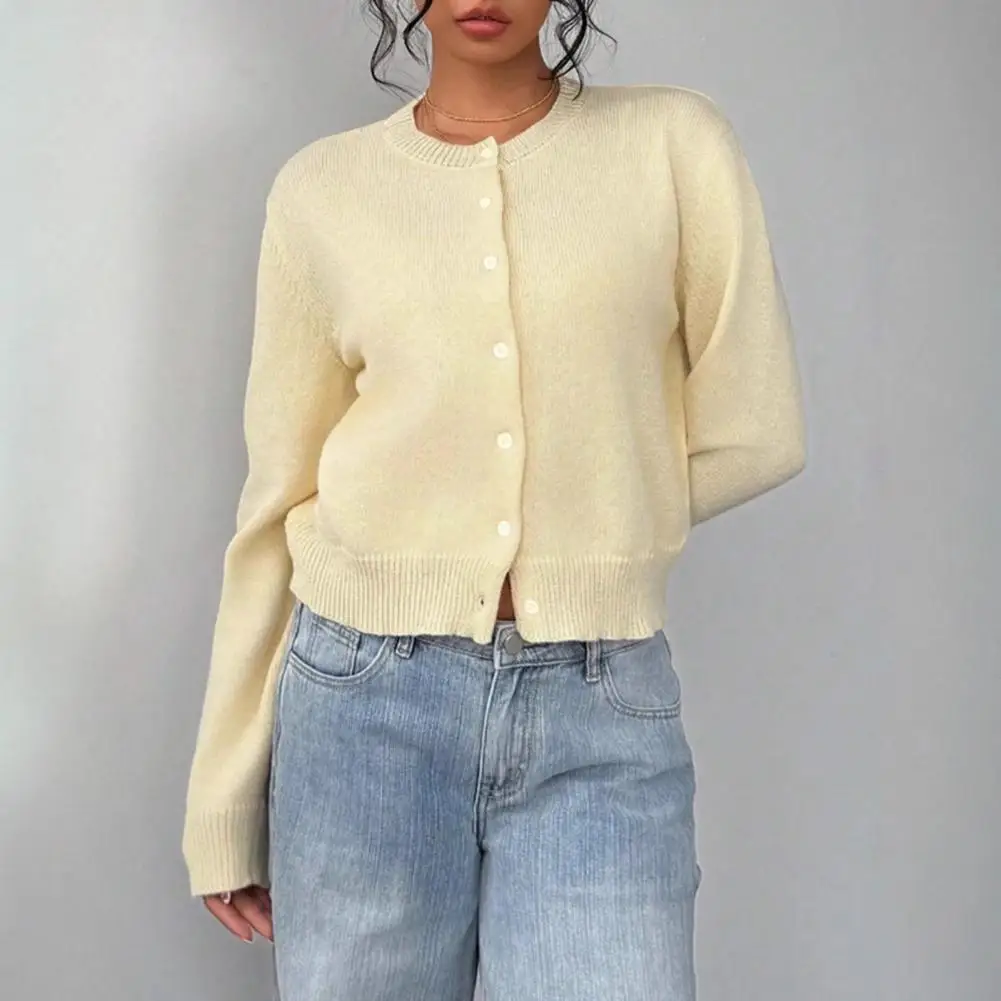 Women Round Neck Knit Sweater, Solid Color Button-Up Cardigan for Spring Autumn, Casual Long Sleeve Short Knit Top