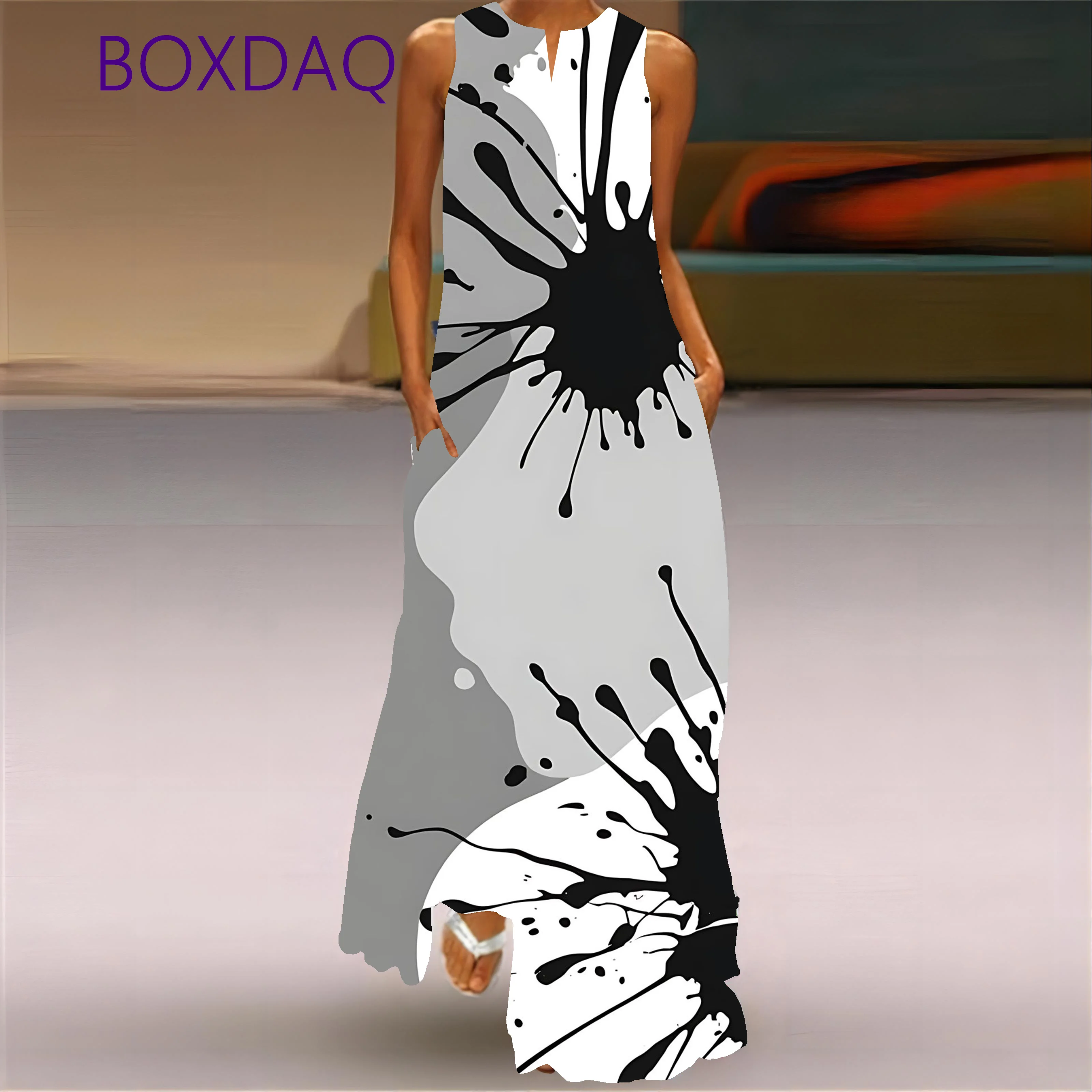 

Новинка 2026, весенне-осеннее винтажное длинное платье с 3D принтом для женщин, модное свободное платье без рукавов с v-образным вырезом, повседневное женское платье