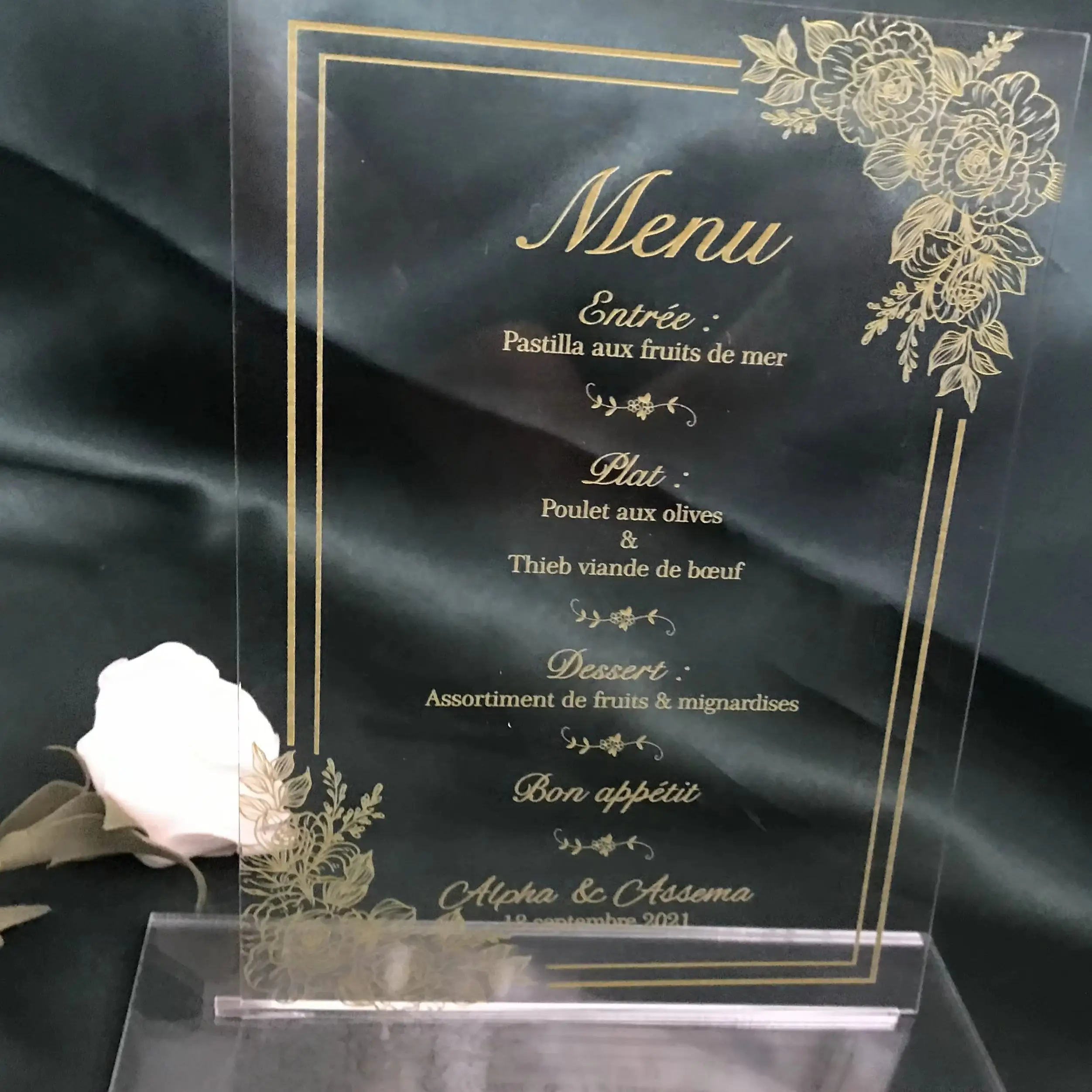 Prined Gold Rose Flower Wedding Menu,Custom 10pcs Acrylic Invitation,Acrylic Invitation,Resurant Menu,Acrylic Party Dinner Menu