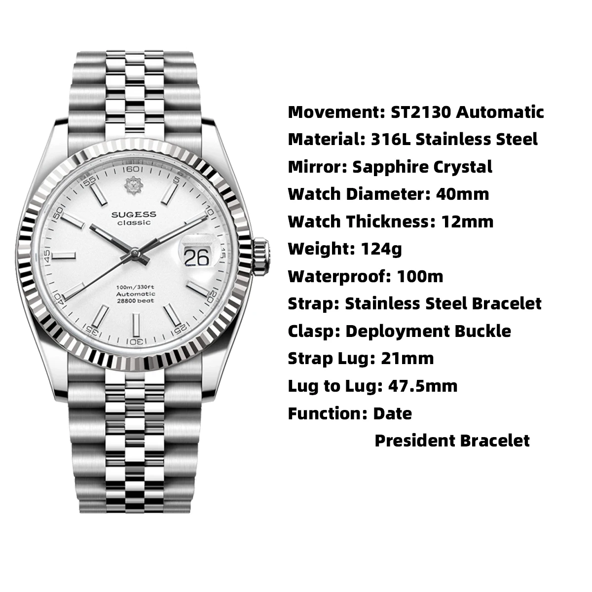 Sugess 40mm Mens Watch Automatic ST2130 Movement 10bar Waterproof Mechanical Wristwatch Sapphire Crystal Retro Classic S448 New