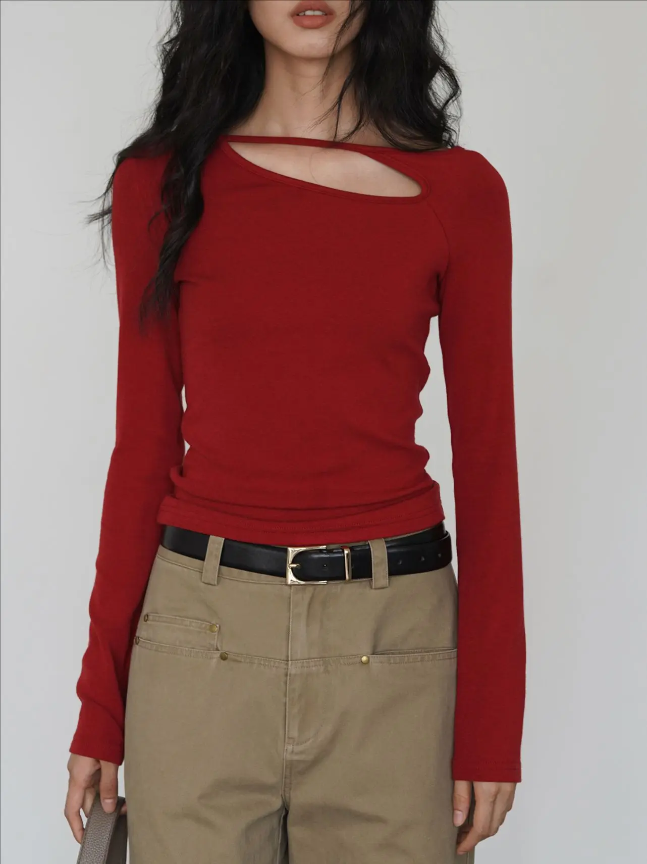 

Sheer Lace-Up Long-Sleeved T-Shirt for Women Fashionable Stretch-Fit Base Layer for Layering Wearing Solo