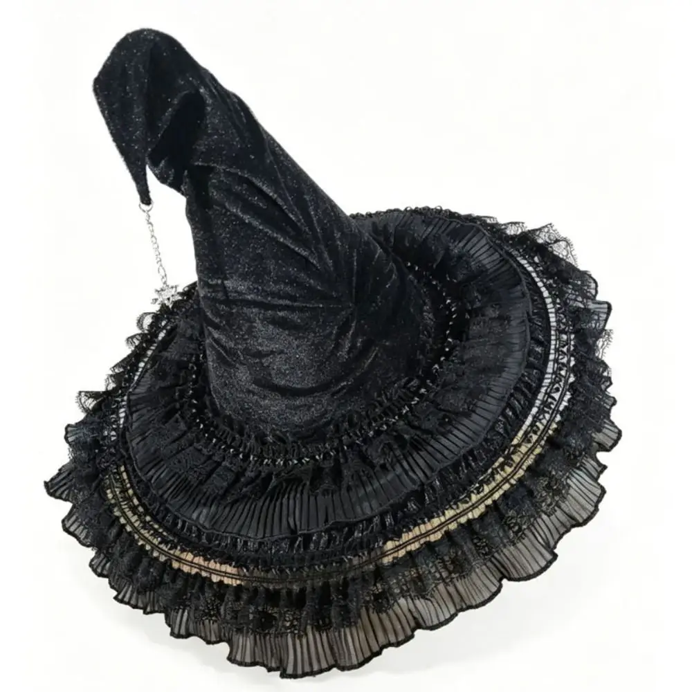 Party Props Satin Bow Halloween Hat Lace Star Pendant Wizard Cap Sparkling Stars Veil Cosplay Accessories Halloween Party