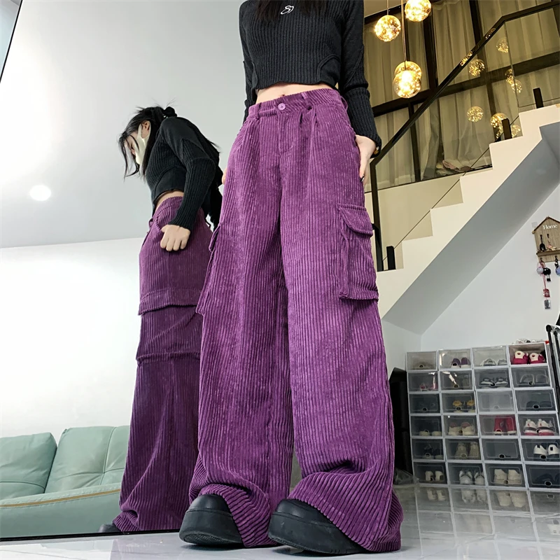 MEXZT Y2K Cargo Pants Women Streetwear Corduroy Wide Leg Sweatpants Harajuku Pockets Baggy Joggers Autumn Winter Casual Trousers