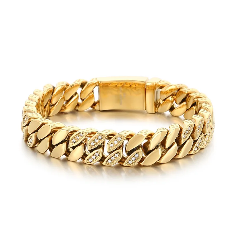 

12mm Punk Gold Color Curb Cuban Chain Bracelet CZ Zircon Men Women Hiphop Retro Stainless Steel Charm Biker Bike Bangle Jewelry