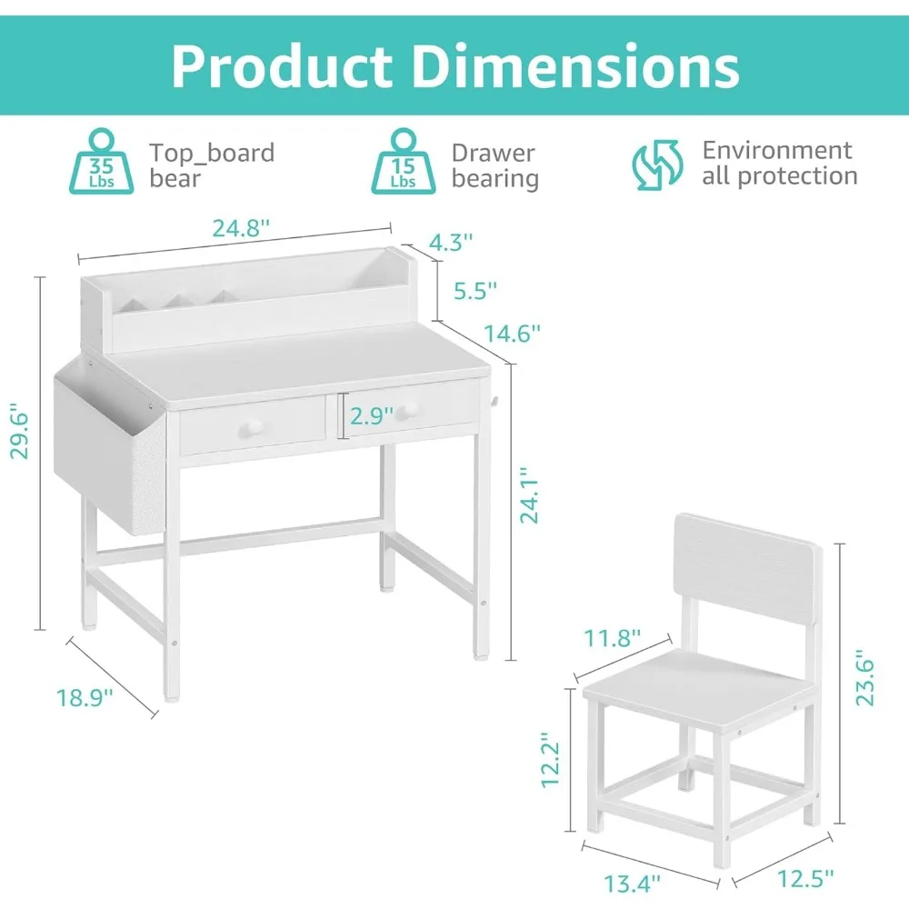 Kids Desk and Chair Set for Ages 5-8, White Study Table with Fabric Drawer Storage, Ergonomic Children's Furniture