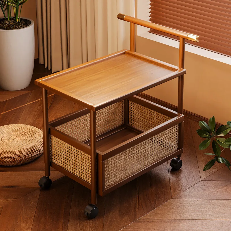 Mid-Ancient Style Small Cart Floor Standing Movable Bamboo Wood Storage Rack for Living Room Snack Caninet Simple Design