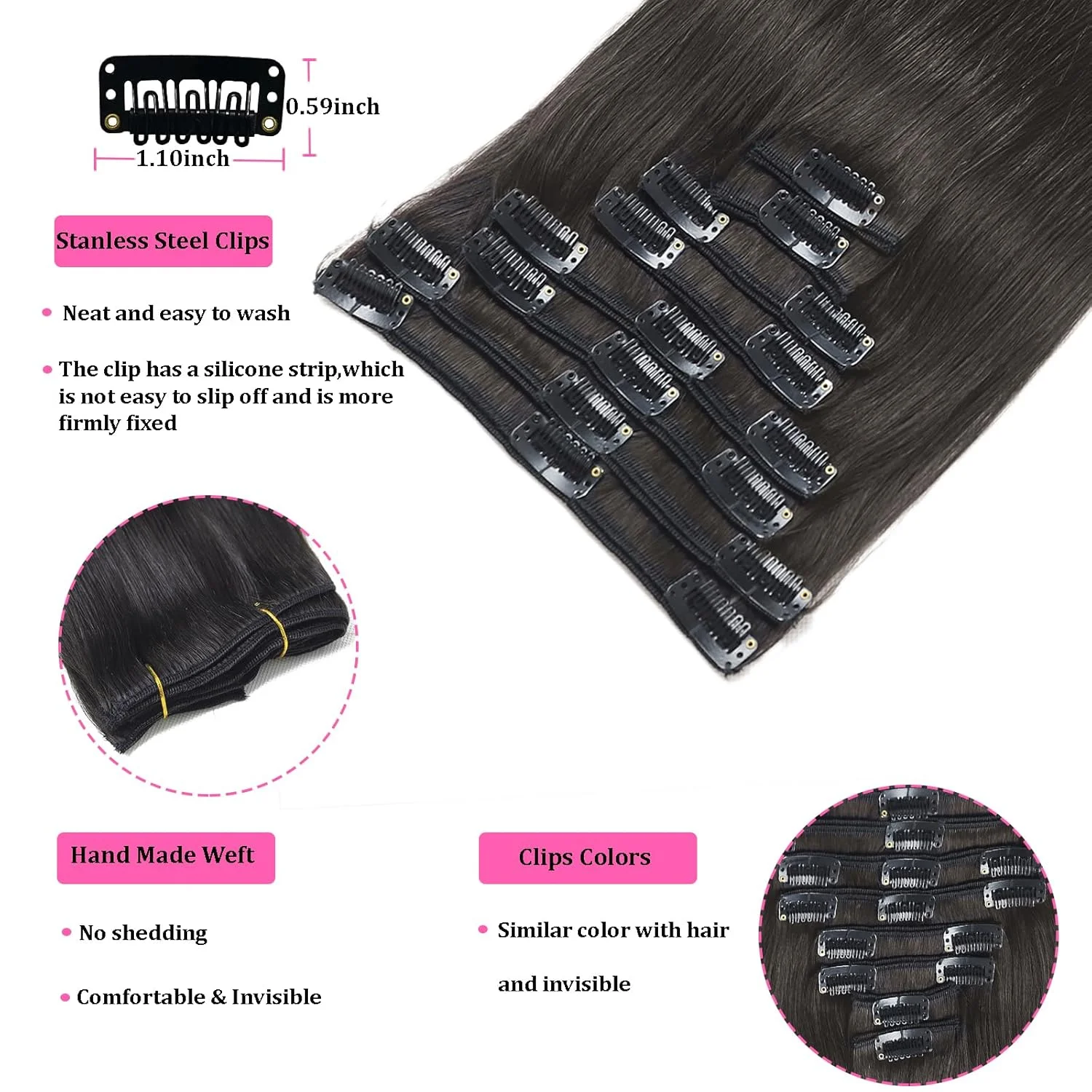 Extensiones de cabello con Clip negro Natural de 24 pulgadas, cabello humano Real, 100% extensiones de cabello humano Remy, liso y sedoso suave