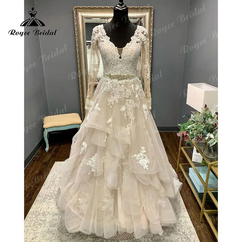 Винтажное кружевное платье Roycebridal с длинным рукавом и V-образным вырезом, свадебное платье с открытой спиной, выполненное на заказ, в стиле бохо, садовое длинное свадебное платье