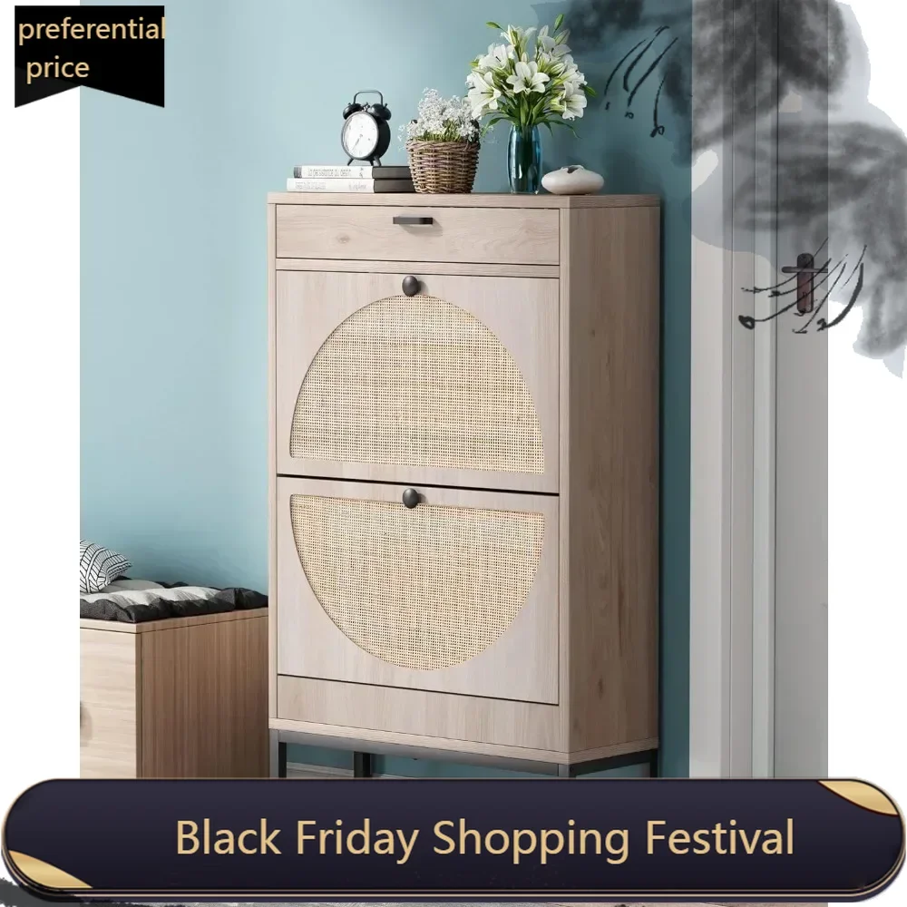 Storage Cabinet with 2 Flip Drawers&1 Small Drawer, Slim Entryway Shoe Organizer with Half Round Woven Rattan Doors Sneakers