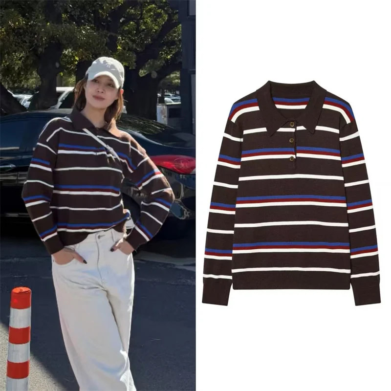 

Women's Top 2025 Winter New Dark Brown Striped Retro Polo Collar Knitted Pullover Casual Fashion