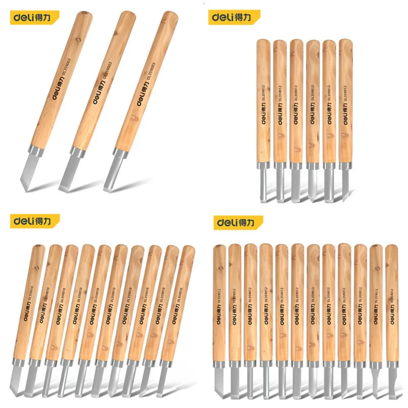 Deli 3/6/10/12 Pcs Carving Knife Set SK2 Cutter Head Wooden Handle Knives Multi-functional Woodworking Portable Hand DIY Tools