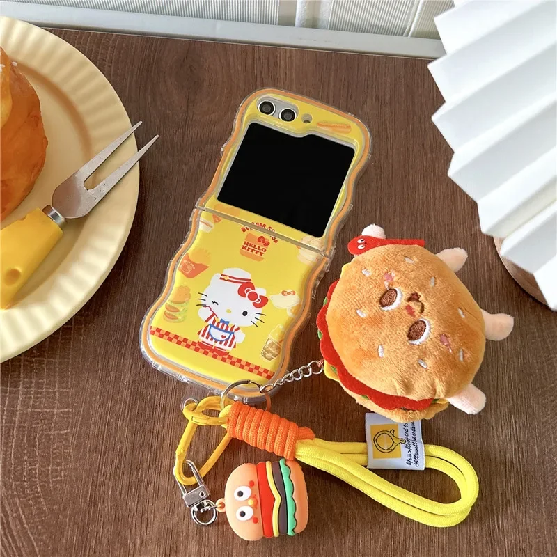 Kawaii Hello Kitty Hamburgers with Lanyard Phone Case for Samsung Galaxy Z Flip 3 4 Z Flip 5 6 5G PC Hard Anti-drop Back Cover