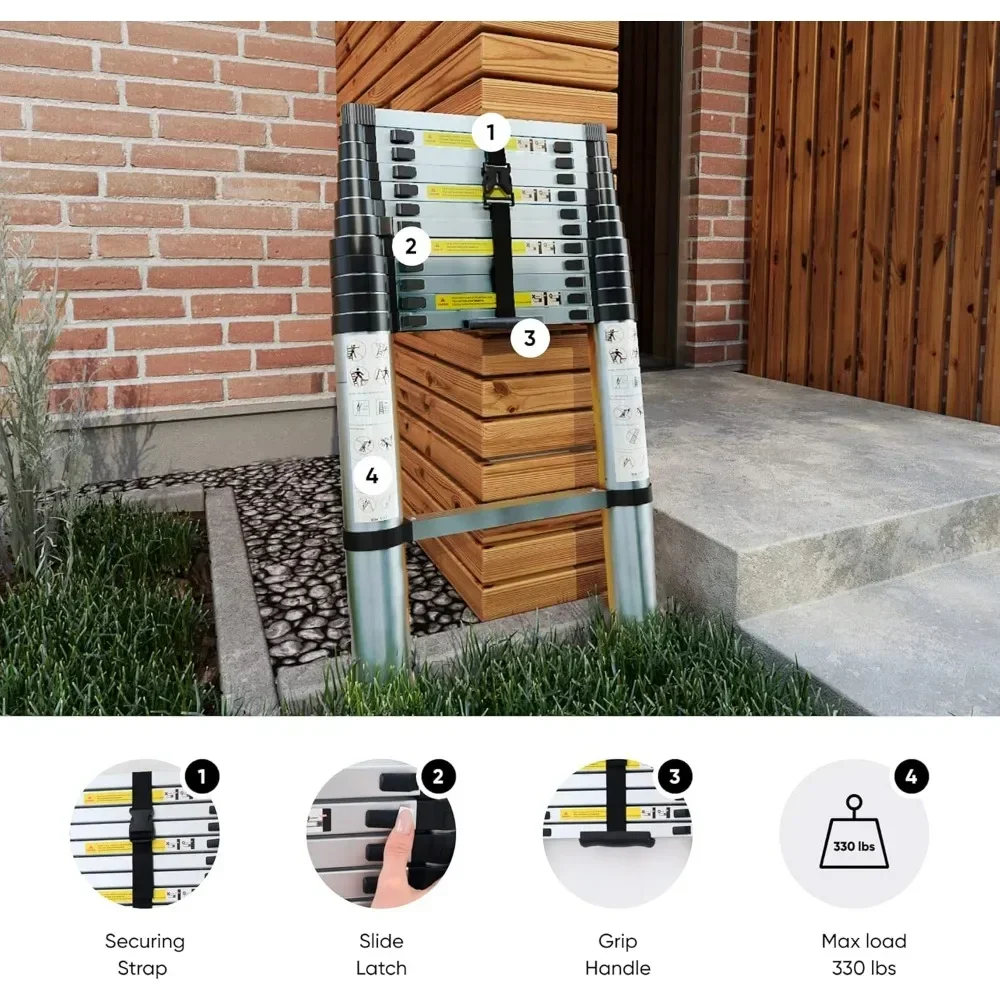 Escalera telescópica plegable de 12,5 pies, escalera extensible de aluminio con 2 ganchos desmontables