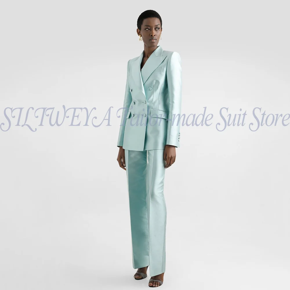 

Luxury Satin Female Suit Double Breasted 2 Pieces Jacket Pants Smart Casual Chic Outfits Boutique High-end Conjuntos De Mujer