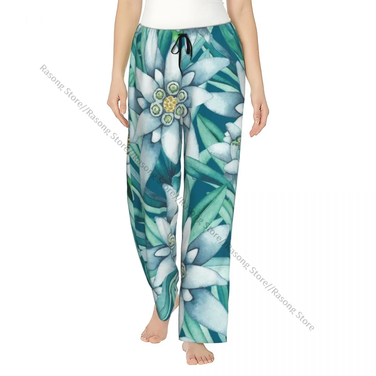 

Watercolor Edelweiss Flowers And Leaves Flannel Pajama Pants for Women Soft Warm Sleep Pants with Elastic Waistband