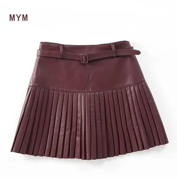 Mini Pleated Genuine Leather Skirt Women 2025 Spring Preppy Style High Waist Sashes Pleated Jupe Female Black/Wine red