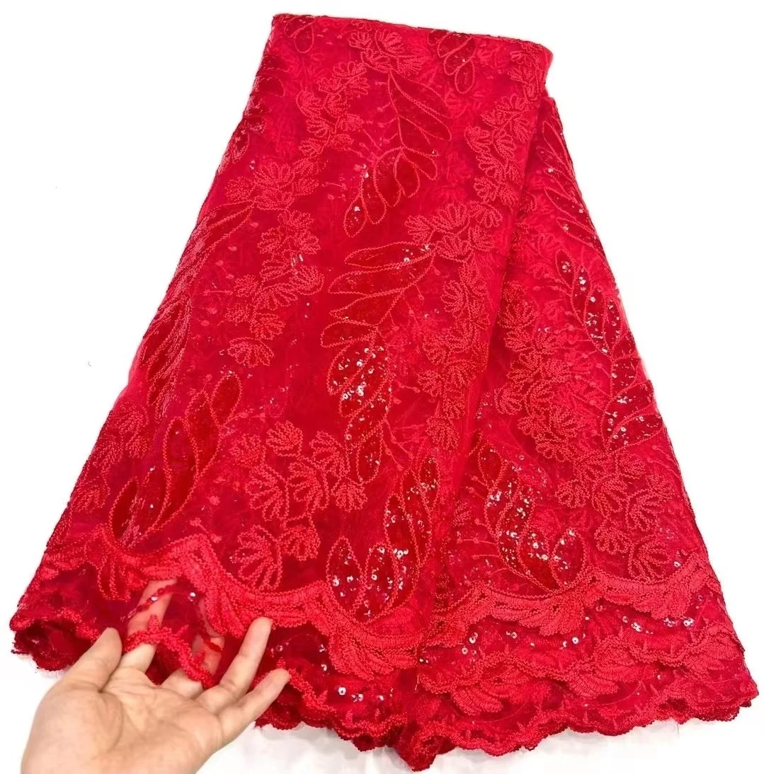 

Red African Embroidery Lace Fabric New Exclusive Sequined French Wedding Lace Fabric Luxury Nigerian 3D Sequin Tulle Lace Fabric