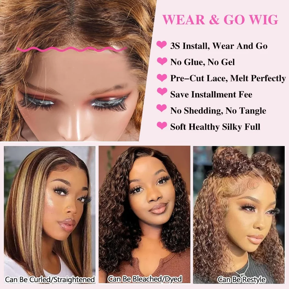 Highlight Short Bob Deep Wave Wig Human Hair P4/27 Colored Ombre 5x5 HD Lace Frontal Wigs Pre Plucked With Baby Hair Natural Hairline For Women view 7