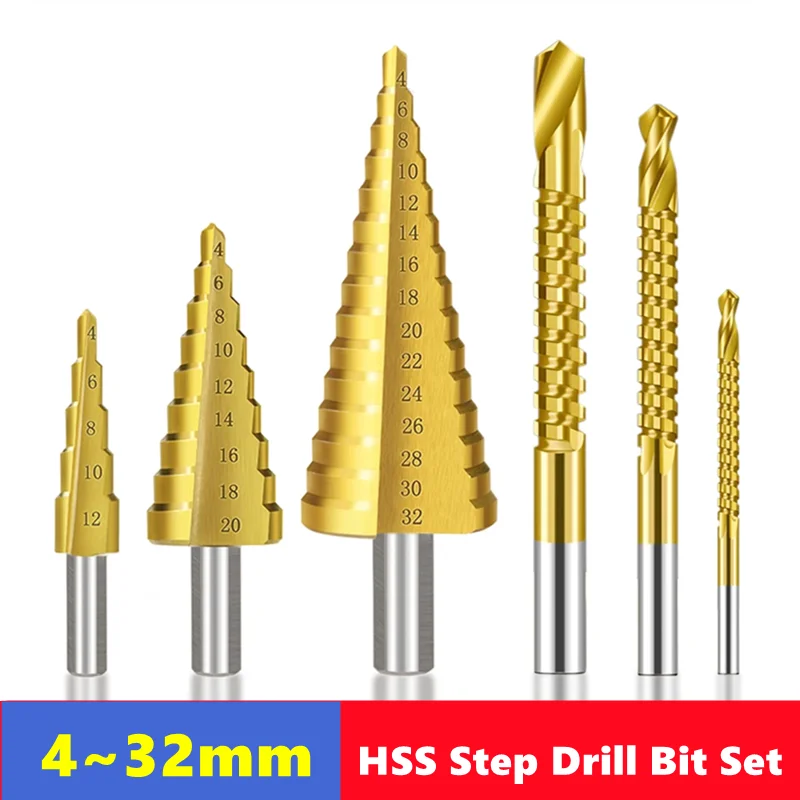 HSS TIN Ladder Drill Bit and Sawtooth Groove Drill Bit Set 4-12, 4-20, 4-32mm, Wood and Thin Metal Drilling Drill Bit Tools