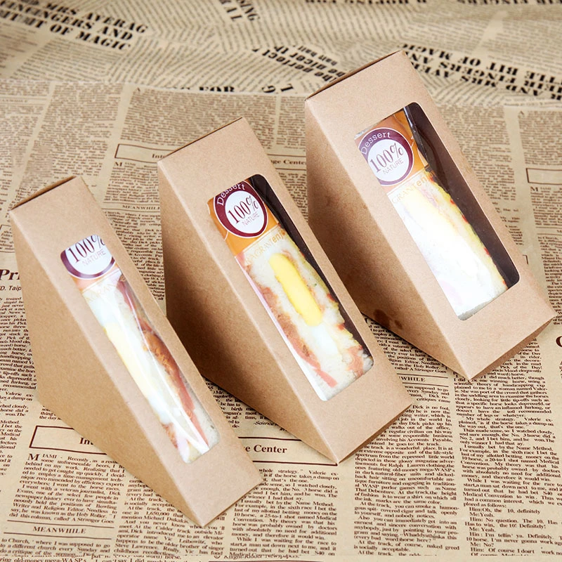 50Pcs/lot Triangle Kraft Paper Transparent Window Sandwich Box Western Pastry Baking Cake Packaging Paper Box