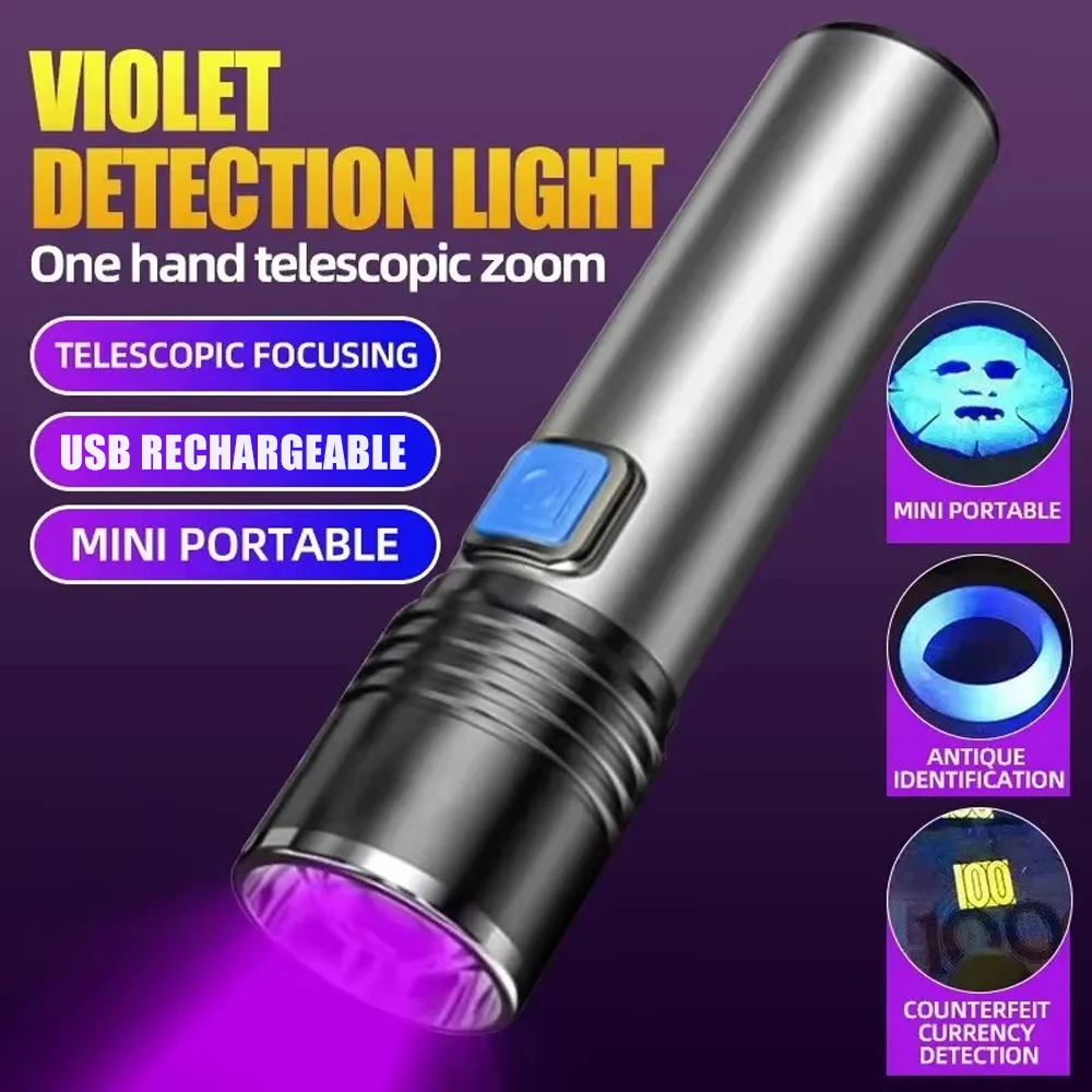 Mini lampe torche UV LED 395nm rechargeable, étanche, lumière noire pour la détection des taches d'urine d'animaux, des scorpions et des produits fluorescents