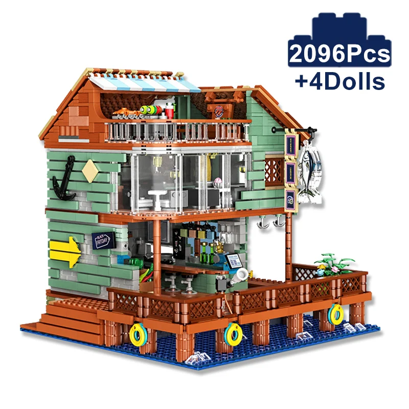 City Old Fishing Store Wharf Village Harbour Reataurant Model Building Blocks Street View Wooden House Mini Bricks Toys Kid Gift