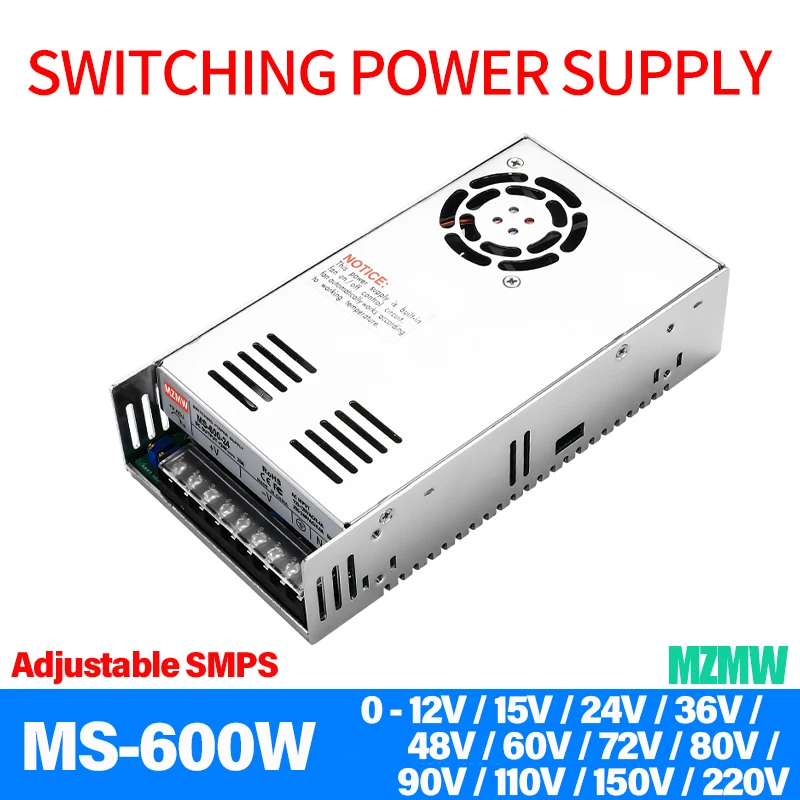 

600W Switching Power Supply 0-12V 15V 24V 36V 48V 60V 72V 80V 90V 110V 150V 220V AC/DC Single Output Adjustable SMPS MS-600-48