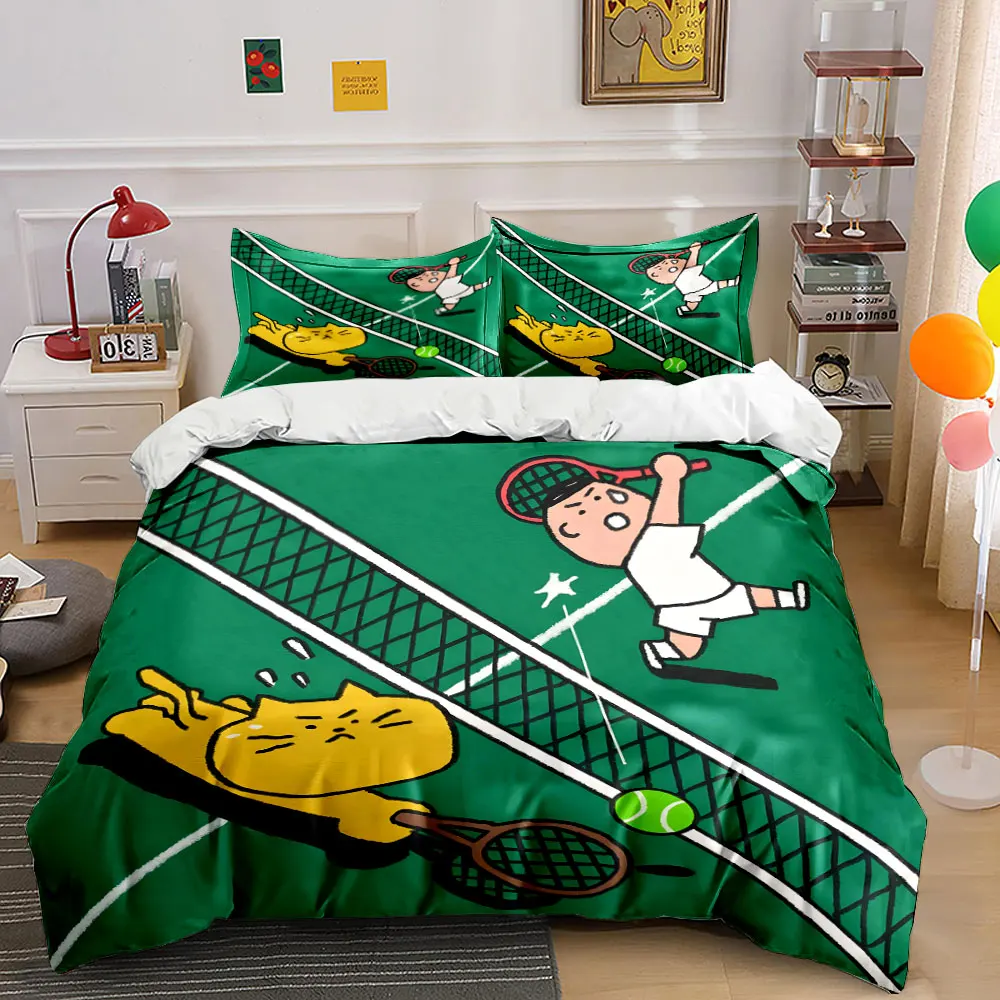 

"Tennis-Themed Fun Illustration Set" kid's and adults' bedroom decor, Exquisite three-piece bedding set gift