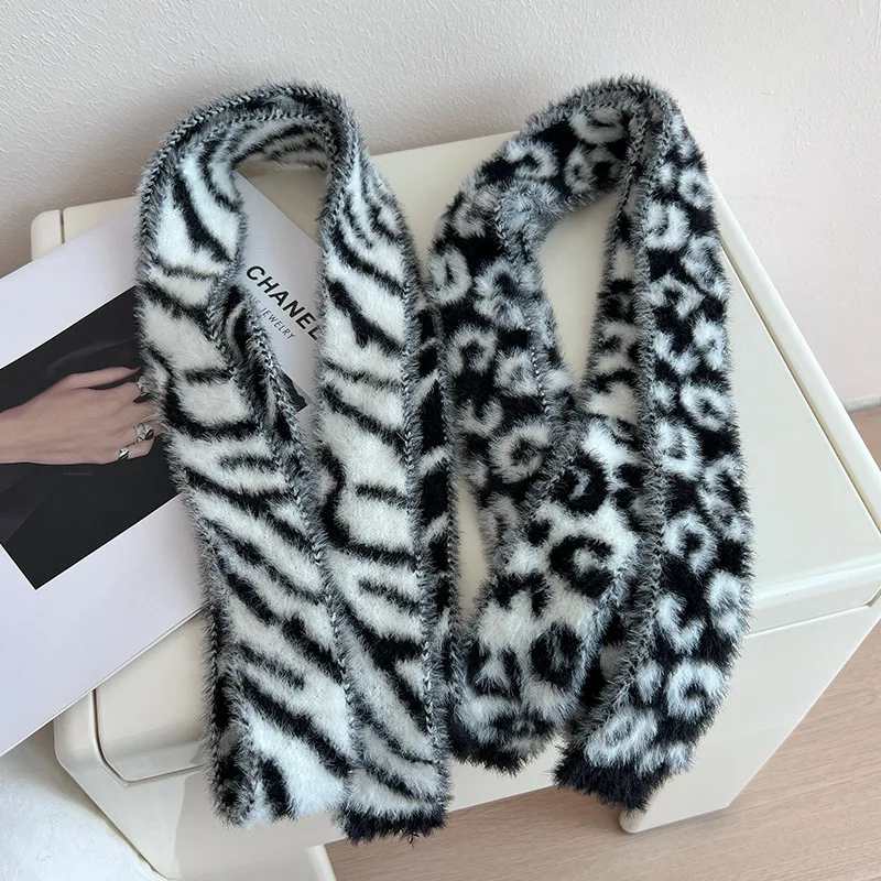 Autumn & Winter New Plush Imitation Mink Hair Thin and Narrow Leopard Print Scarf Female Niche Spice Girl Decorative Thin Scarf