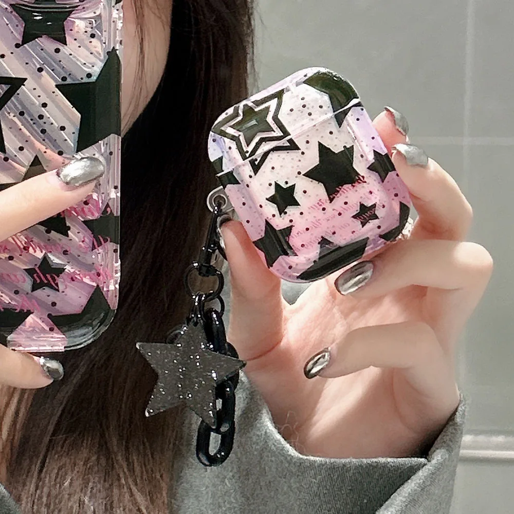 Чехол для наушников Sweet Cool Stars с подвеской в виде черной звезды, брелок для Apple AirPods 3, коробка с цветущими чернилами для Air Pods Pro 1, 2, чехлы
