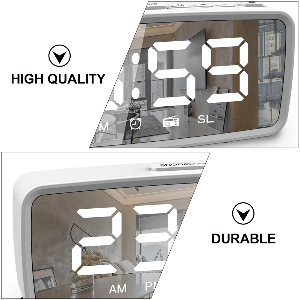 

1 set Radio Mirror Digital Alarm Clock LED Display Simple Compact Desktop Clock Home Decor Stable Base Makeup Mirror Function