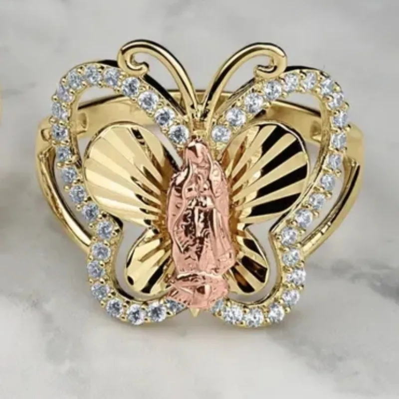 Exquisite Inlaid White CZ Pattern Women's Ring Trendy Golden Color Hand Carving Dragonfly Daily Wear Party Jewelry