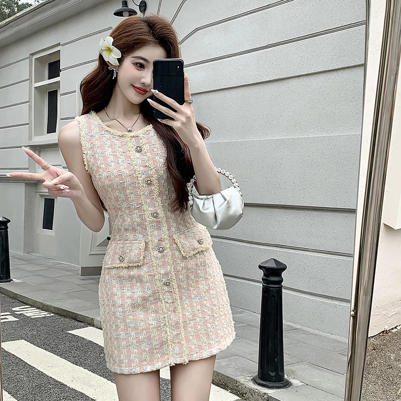 New Women\'s Pink Tweed Tank Mini Dress Slant Button Design Ladies Sleeveless U-Neck Slim Short Robe