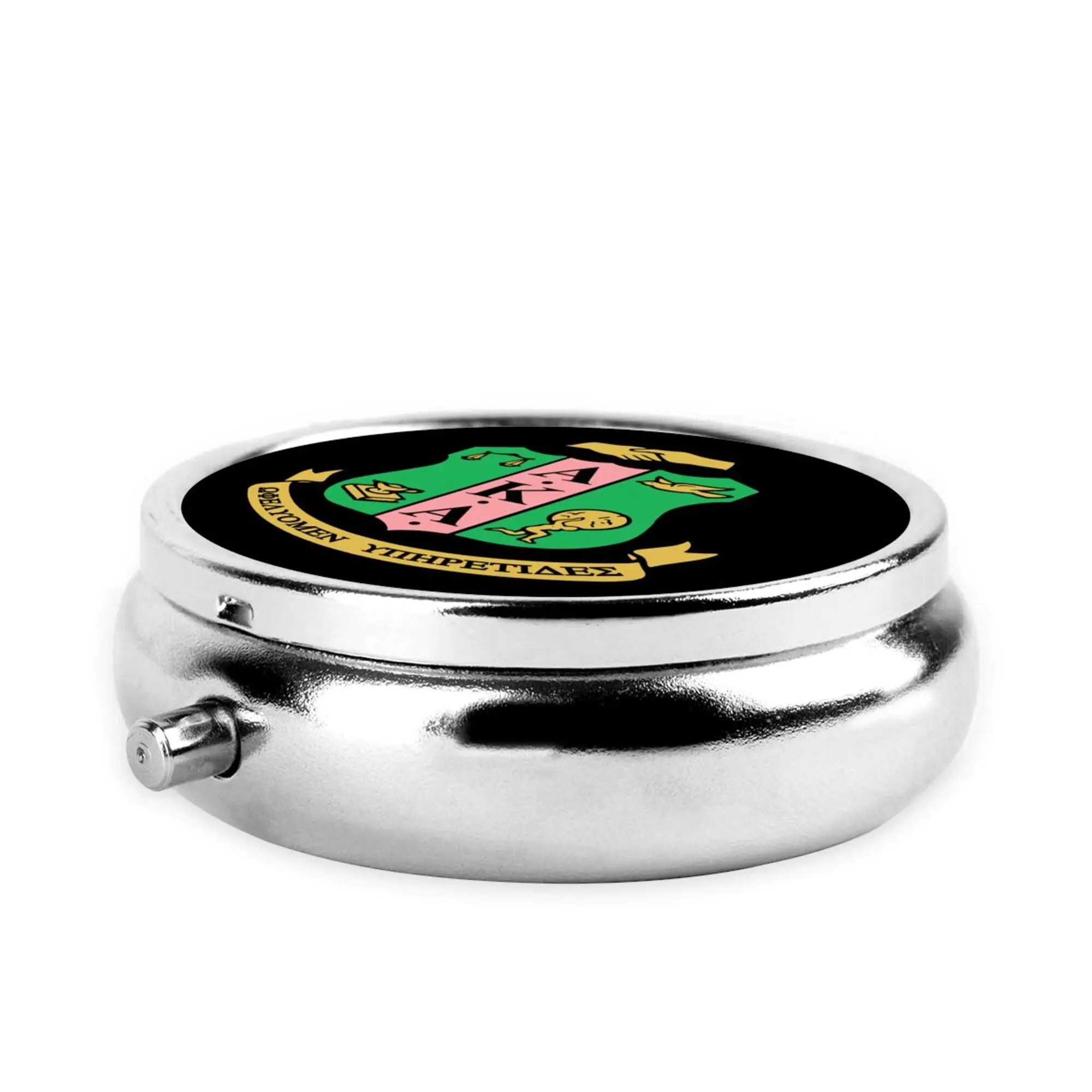 AKA Sorority Print Pill Box Purse Pocket Small Round Silver Pill Case Decorative Metal Medicine Vitamin Pill Organizer Portable