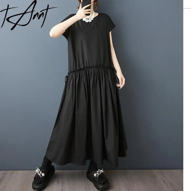 

Tannt Women Dress Asymmetry Drawstring Black Shirt Dresses Fashion Casual Short-sleeved Long Summer Dresses For Women 2025 New