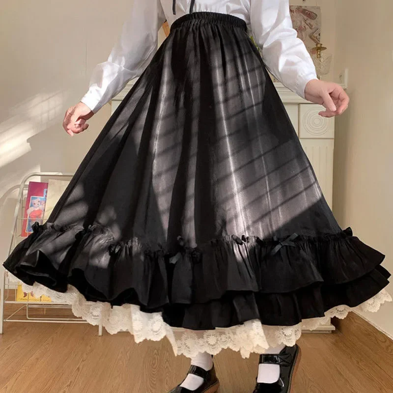 Japanische Rüschen Faltenrock Frau Süße Hohe Taille Lose Knöchellangen Röcke Frauen College Stil Schwarz Patchwork A-linie Rock