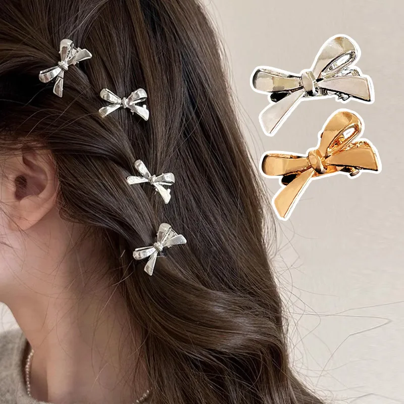 5pcs Set Metal Bow Mini Hair Clip Women Sweet Cool Gold Silvery Color Small Side Clip Duckbill Hairpin Headwear Hair Accessories