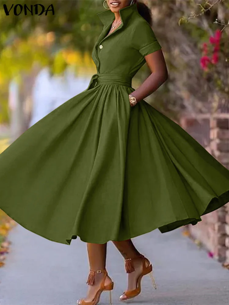 VONDA OL Lady Mid-Calf Dress 2024 Autumn Women Elegant Office Dress Belt Turn-down Collar Sundress Fashion Vestidos Femme Robe