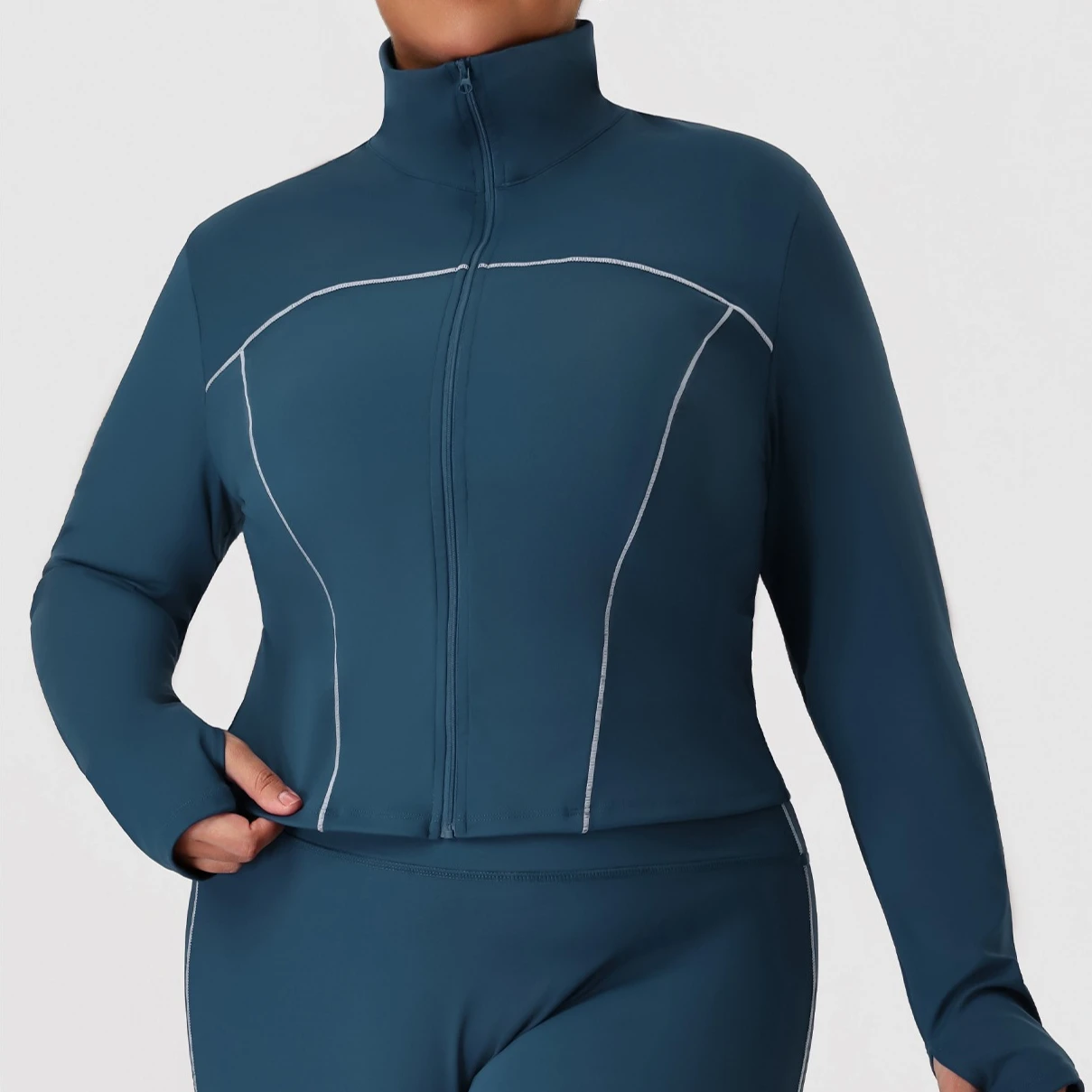 Fall Women Plus Size Zip Up Sports Jacket Long Sleeve Stand Collar Thumb Hole Slim Cropped Yoga Coat Running Outdoor Workout Top